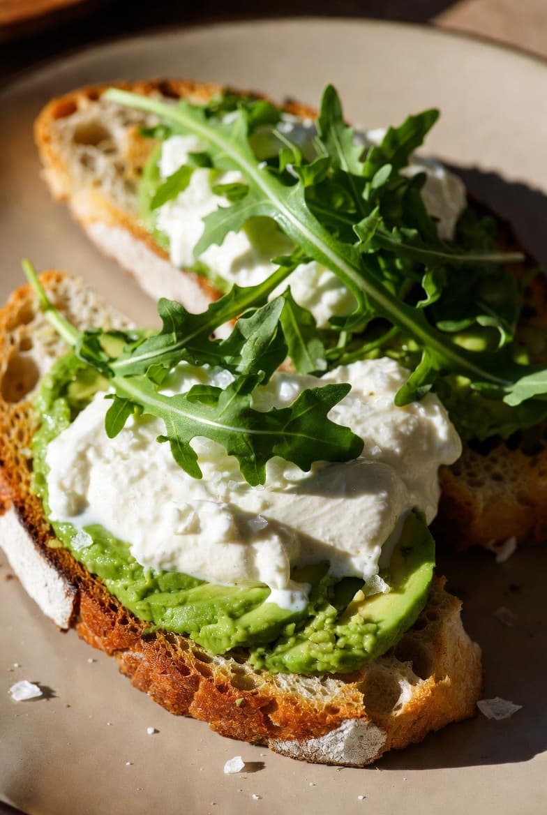 Burrata toast with arugula and flaky salt