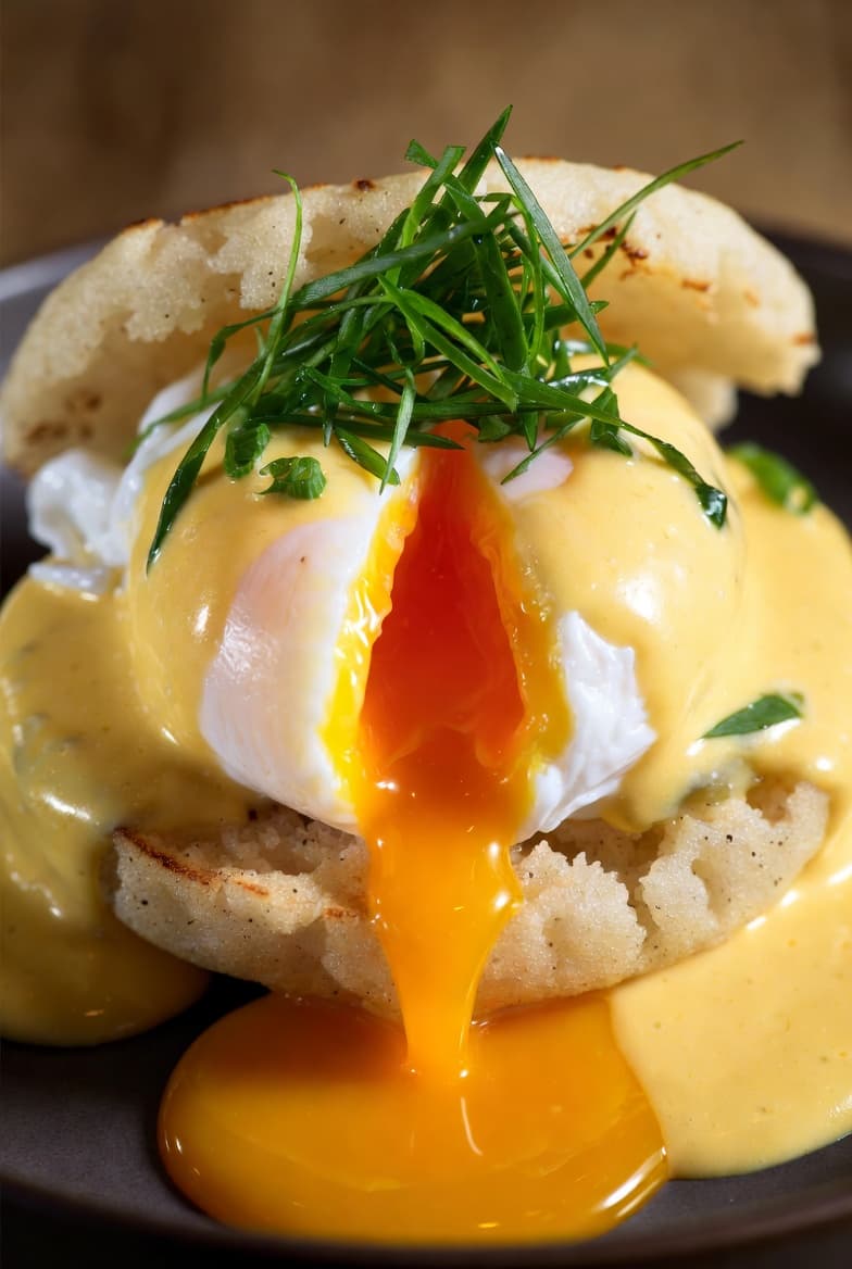 Eggs Benedict on gluten-free arepa with hollandaise